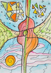abstract children's drawing in watercolor on paper