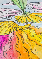 abstract children's drawing in watercolor on paper