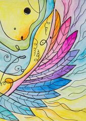 abstract children's drawing in watercolor on paper