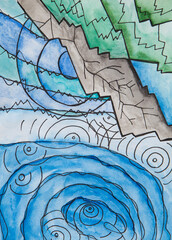 abstract children's drawing in watercolor on paper