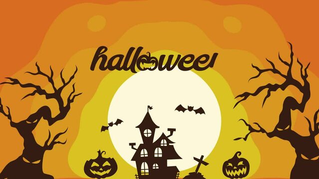 4K Animated Halloween Background with Happy Halloween Text, Silhouette of Pumpkin Head, Bats and Creepy Tree. Suitable to use as video intro and other content with Halloween theme