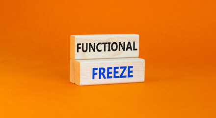 Functional freeze symbol. Concept words Functional freeze on beautiful wooden blocks. Beautiful orange table orange background. Business psychology functional freeze concept. Copy space.
