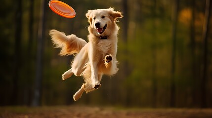 A playful dog catches a frisbee in a jump.