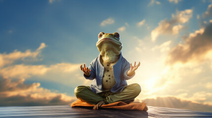 Frosch beim Yoga vor Himmel und Meer, Frog doing yoga in front of sky and sea