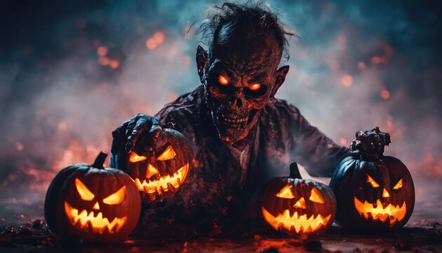 Halloween zombie with pumpkins and copy space