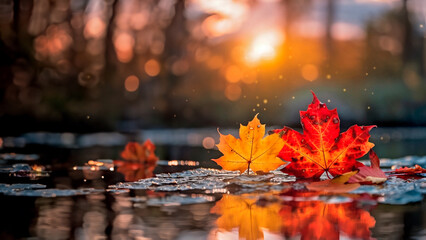 autumn banner with red and yellow maple leaves reflecting in water with soft focus and light, background, bokeh