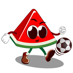 Vector mascot, cartoon and illustration of a cute watermelon cutout playing football