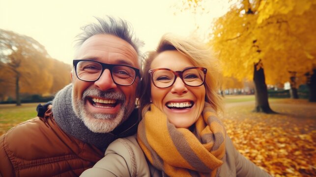 happy middle aged couple smile and funny in park in autumn, Generative AI 