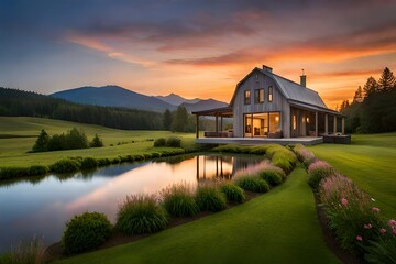 Exterior Modern Farmhouse at Dusk with Pink and Blue Sky.
