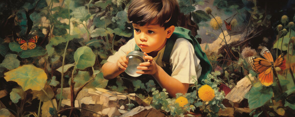  A young child candidly explores with magnifying glass in the garden flowers. generative ai