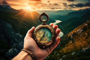Beautiful landscape with old compass on traveler's hand. The concept of navigating the search for your own path. AI generated