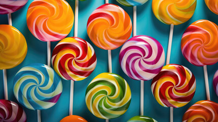 Fototapeta na wymiar Colorful candies and sweets. Spiral rainbow color lollipops. Generative AI