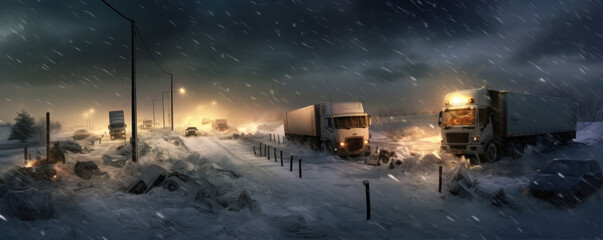 Snow disaster on the road.. generative ai - obrazy, fototapety, plakaty
