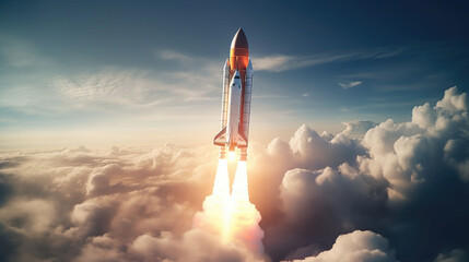 Rocket successfully launched into space. Spaceship takes off into the starry sky. Generative AI