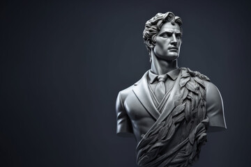 Antic statue wearing suit on gray background. AI generated