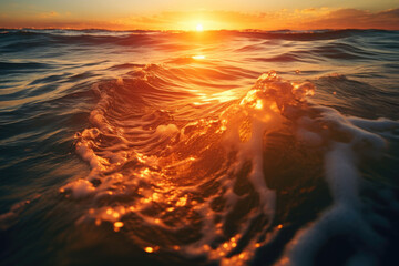 Ocean wave with sunset light on background. AI generated