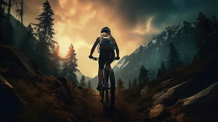 Deurstickers Biker riding bicycle in deep forest with mountain background, Generative AI  © patnarin