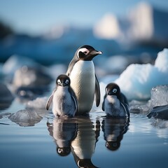  Penguin on an ice floe in the water. Large flightless bird in cold climates. Floating birds. copyspace. Concept: poster and design on the theme of the protection of animals and their habitat.