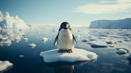 
Penguin on an ice floe in the water. Large flightless bird in cold climates. Floating birds. copyspace. Concept: poster and design on the theme of the protection of animals and their habitat.