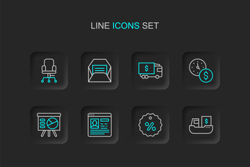 Set line Cargo ship with boxes delivery, Discount percent tag, Resume, Board graph, Time money, Armored truck, Envelope and Office chair icon. Vector