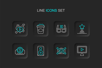 Set line Online play video, Prohibition no recording, Stereo speaker, Cinema ticket, Movie trophy, 3D cinema glasses, Popcorn cardboard box and Romantic movie icon. Vector