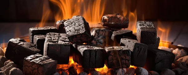 Foto op Aluminium Burning wood briquettes on the grill. generative ai © Michal