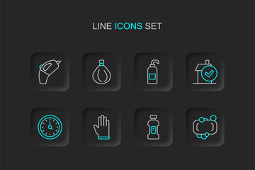 Set line Bar of soap, Bottle for detergent, Rubber gloves, Clock, Home cleaning service, Antibacterial, Garbage bag and Portable vacuum cleaner icon. Vector