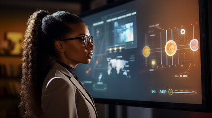 Naklejka premium Machine Learning Presentation: African American Businesswoman Interacting with AI Interface