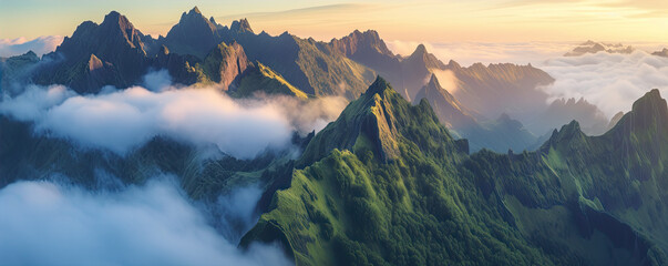 The landscape of the Madeira Mountains with peaks above the clouds. generative ai