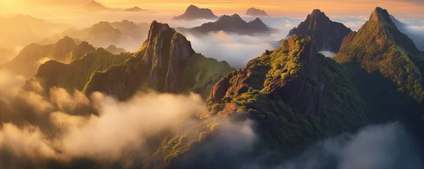 Selbstklebende Fototapete Morgen mit Nebel The landscape of the Madeira Mountains with peaks above the clouds. generative ai