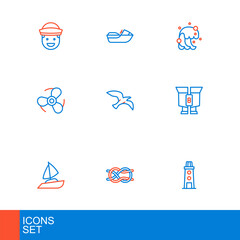 Set line Lighthouse, Nautical rope knots, Yacht sailboat, Binoculars, Boat propeller, Bird seagull, Tsunami and Jet ski icon. Vector