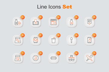 Set line Meatballs on wooden stick, Coffee cup to go, Lunch box, Online ordering food, Soda can, Spoon and Paper glass with water icon. Vector
