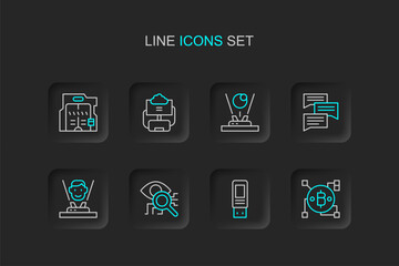 Set line Blockchain technology Bitcoin, USB flash drive, Eye scan, Hologram, Speech bubble chat, Cloud database and Futuristic sliding doors icon. Vector