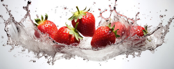 Fresh strawberries splash in the water. generative ai