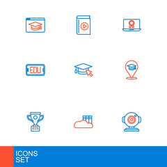 Set line Web camera, Cloud or online library, Award cup, Online education, Graduation cap with cursor, diploma and Audio book icon. Vector
