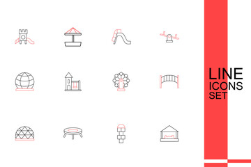 Set line Sandbox with sand, Hopscotch, Jumping trampoline, Playground climbing equipment, kids bridge, Swing for, and icon. Vector
