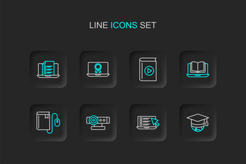 Set line Graduation cap on globe, Online quiz, test, survey, Web camera, Electronic book with mouse, class, Audio, education diploma and icon. Vector