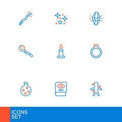 Set line Voodoo doll, Ancient magic book, Bottle with potion, Magic stone ring, staff, Burning candle, and Magical glitter particles icon. Vector