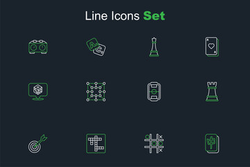 Set line Mahjong pieces, Tic tac toe game, Crossword, Classic dart board and arrow, Chess, Table football, Board and Game dice icon. Vector