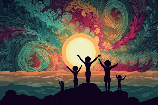 The family stands on the island and raises their hands to the sky. Psychedelic and fantasy illustrated backgrounds. Generative ai