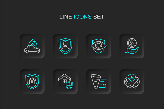 Set line Life insurance, Tornado, House with shield, Money, Shield and eye, and Burning car icon. Vector