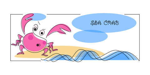 Surprised pink crab, cartoon ocean shore, sea. Vector poster. Summer holidays, sea adventures. 