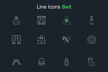 Set line Christmas stocking, tree, ringing bell, Glass of champagne, wreath, Candy cane with stripes, shopping bag and Winter scarf icon. Vector