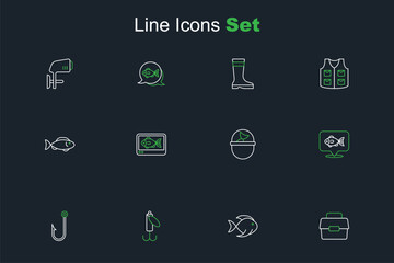Set line Case or box for fishing, Fishing bucket with, lure, Fisherman, Location, finder echo sounder and icon. Vector