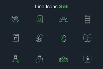 Set line Oil drop with dollar symbol, pipe valve, tank storage, petrol test tube, price increase and Canister for gasoline icon. Vector