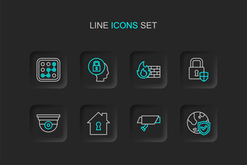 Set line Shield with world globe, Security camera, House under protection, security lock, Firewall, wall, Lock and Graphic password icon. Vector