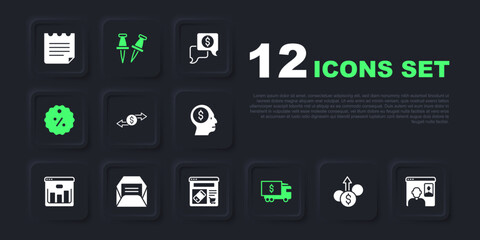 Set Financial growth dollar, Video chat conference, Money exchange, Armored truck, Discount percent tag, Envelope, Push pin and Online shopping screen icon. Vector