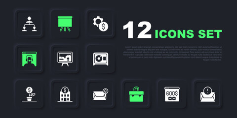 Set Monitor with dollar, Envelope, graph chart, Briefcase, Telephone 24 hours support, Bank building, Chalkboard and Mail and e-mail icon. Vector