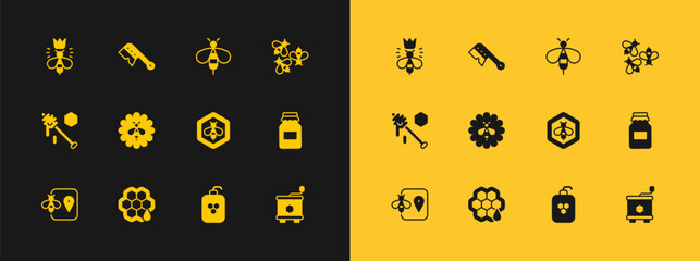 Set Bees, Honeycomb, and honeycomb, Cosmetic tube with, flower, Queen bee and Beekeeping brush icon. Vector
