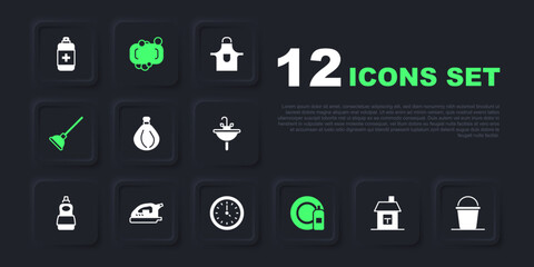 Set House, Bucket, Garbage bag, Dishwashing bottle and plate, Rubber plunger, Electric iron, Bar of soap and Clock icon. Vector